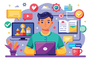 A young man studies at his laptop in a vibrant home setting filled with educational symbols and tools, illustrating the online learning experience.