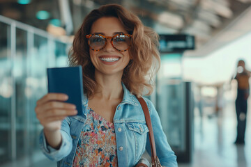 A woman with curly hair is smiling and holding a passport