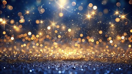 Golden glitter particles abstract background with bokeh Christmas lights on navy black backdrop, gold, glitter, particles