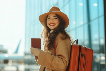 A woman wearing a hat and coat, holding a passport and carrying a red suitcase at an airport