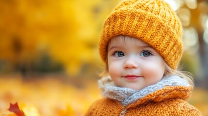 Autumn Baby Portrait In Fall Yellow Leaves, Little Child In Woolen Hat, Beautiful Kid in Park Outdoor, Knitted Clothing for October Season