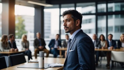 Confident businessman giving a presentation in front of crowd in meeting conference seminar room. Leadership authority teamwork in business concept