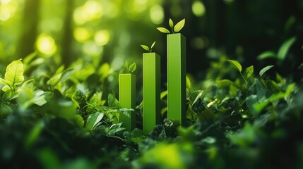 A vibrant green bar graph rising from thick greenery, representing sustainable economic growth and environmental balance, with no logos or people.
