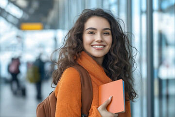 A young woman with curly hair is smiling and holding a book. She is wearing an orange sweater and backpack