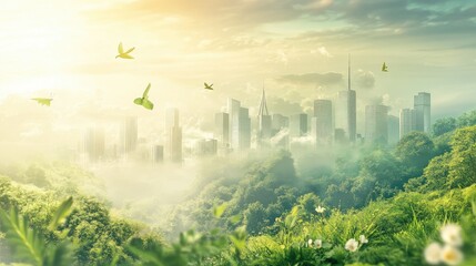 An eco-friendly landscape with CO2 emissions balanced with greenery, symbolizing sustainable practices that keep emissions in check.