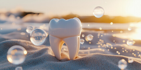 A white tooth on a sandy beach with bubbles