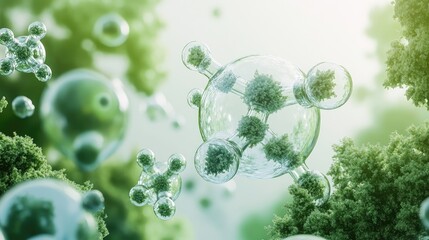 An illustration of CO2 molecules balanced with a lush green forest, symbolizing harmony between emissions and nature for sustainability.