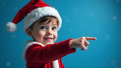 Obraz premium A boy in a Santa suit points to an empty space on a blue background.