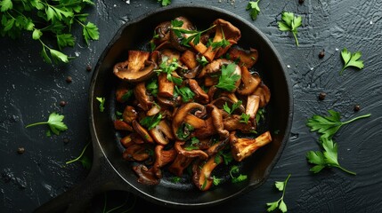 Top-View Fried Mushrooms with Fresh Herbs in Cast Iron Pan