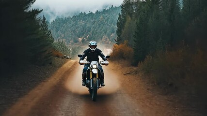 Motorcyclist riding on a dirt road through a misty forest in the mountains during the early morning hours