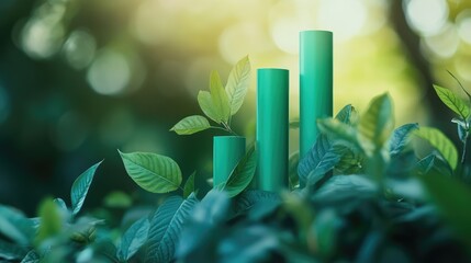 Close-up of a rising green bar graph among vivid leaves, representing positive economic growth in harmony with nature.