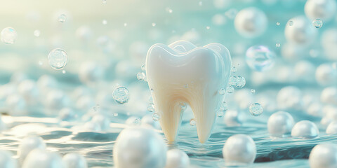 This image shows a white tooth surrounded by bubbles and pearls