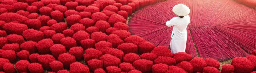 Obraz premium A serene scene featuring a person in traditional attire surrounded by vibrant red objects, showcasing cultural beauty and harmony.