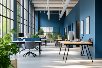 This is a modern office space with blue walls, large windows, and plants