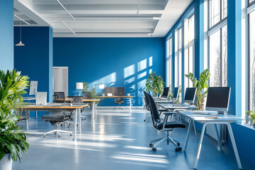 This is an office space with blue walls, computers, desks, and plants