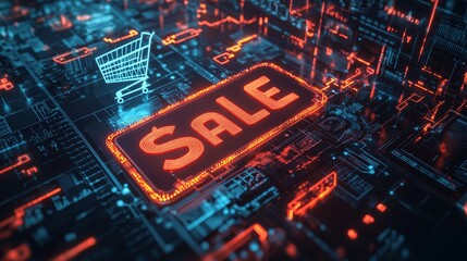Fototapeta premium Neon sale sign in a high-tech virtual landscape with digital shopping elements