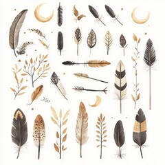 Hand-drawn boho-style clipart collection featuring feathers, moons, and botanical elements