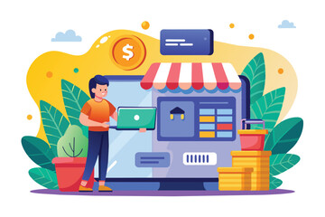 A person engages in online shopping, focused on cashback rewards, at home surrounded by plants and shopping elements.