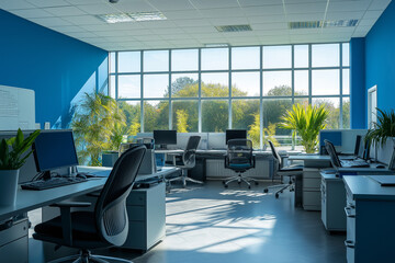 An office space with large windows, computers, desks, and plants