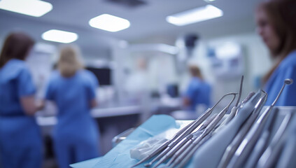 A dental office with dental tools and people in blue scrubs