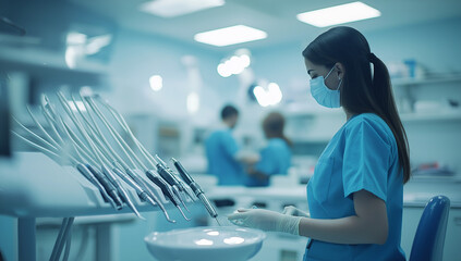A dental office with a woman in a medical mask and blue scrubs
