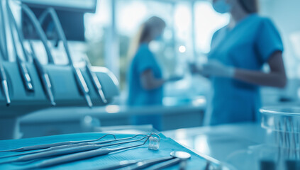 This image shows dental tools on a tray in a dental office. There are also dental professionals in the background