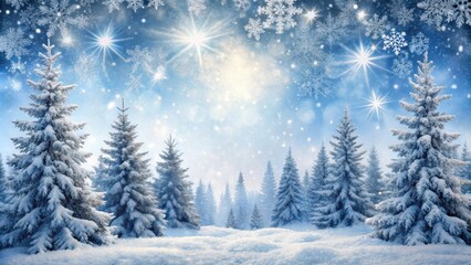 Obraz premium Winter background card with snowflakes, frost, and snow-covered pine trees , winter, background, card, snowflakes