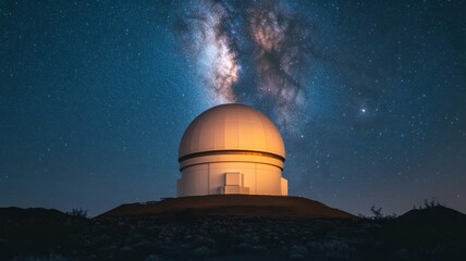 Obraz premium A stunning astrophotography capture of an observatory under a starry sky with the Milky Way galaxy visible in the background.