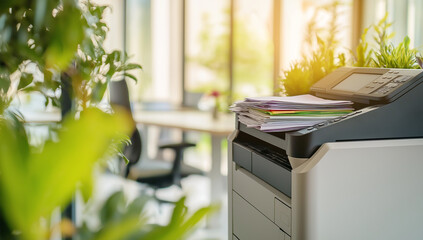This image shows a printer with papers and pencils on top, in an office with plants