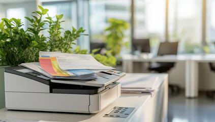 This image shows a white office printer with papers on top and plants nearby