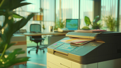 This image shows a modern office with a copy machine and plants