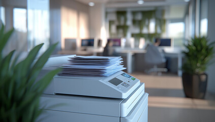 This image shows a printer with a stack of papers on top, in an office setting