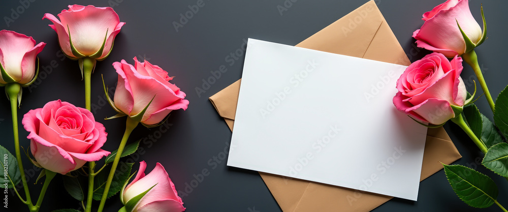 Sticker Pink Roses and Blank Card on Dark Background