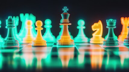 A vibrant chess set with glowing pieces, showcasing strategic gameplay and artistic design. Perfect for chess enthusiasts and decor.