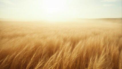 Obraz premium Golden wheat field swaying in the breeze under bright sunlight