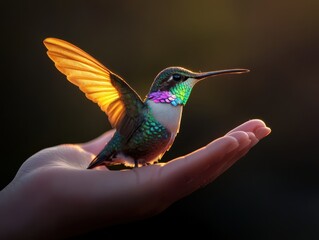 Obraz premium A vibrant hummingbird perched on an open hand, showcasing its stunning colors in a soft, warm light.