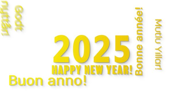 Video animation of a word cloud in different languages with the message happy new year in yellow over white background - represents the new year 2025.