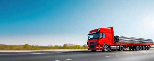 Fototapeta premium A vibrant red truck driving on an open highway under a clear blue sky, capturing the essence of transport and logistics.