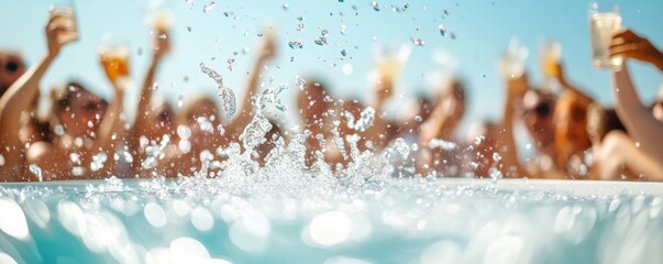 A vibrant poolside scene with splashes of water and joyful hands raised, capturing the essence of summer fun and celebration.