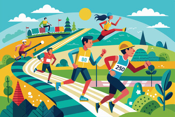 Obraz premium Runners of various ages compete in a lively cross country race across a scenic, semi-flat terrain under a bright sun.