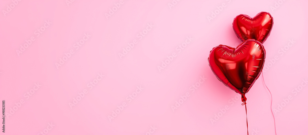 Wall mural Two red heart balloons on a pink background