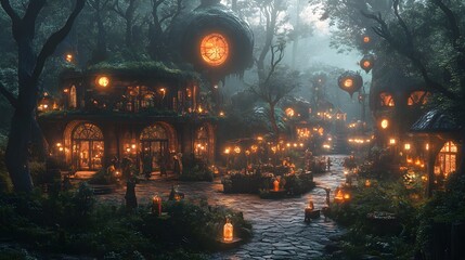 Circular marketplace with floating magical objects, vendors selling enchanted items, potion bottles glowing with ethereal light, enchanted forest backdrop