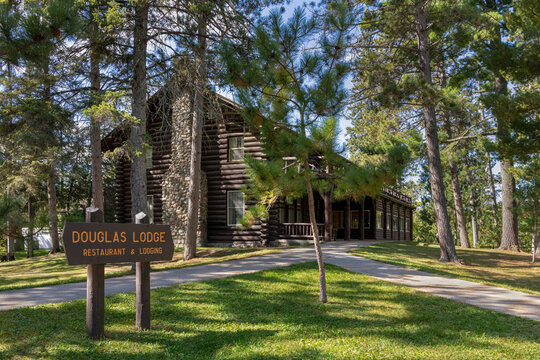 Entrance to Douglas Lodge at Itasca State Park in Minnesota is a historic Wood Lodge Built near Bemidji that is a landmark restaurant and lodging establishment for tourists