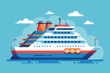 A colorful cruise ship glides smoothly over calm waters, surrounded by fluffy clouds and a bright blue sky, capturing the essence of a relaxing voyage.