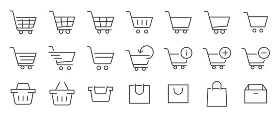 Shopping cart icon set. It included cart, basket, bag, buy now and more icons. Editable Vector Stroke.
