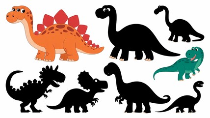 Find the correct shadow of prehistoric dinosaurs. Kid' vector game worksheet with cartoon dino characters and their silhouettes. Fun activity for children, preschool or kindergarten educational 