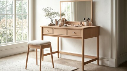 Wooden makeup vanity with a vintage stool