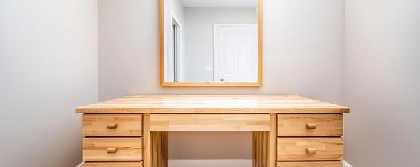 Wooden makeup vanity with built-in drawers