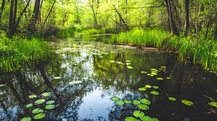 Obraz premium Serene pond surrounded by lush greenery