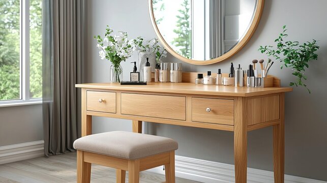 Wooden makeup vanity with a vintage stool